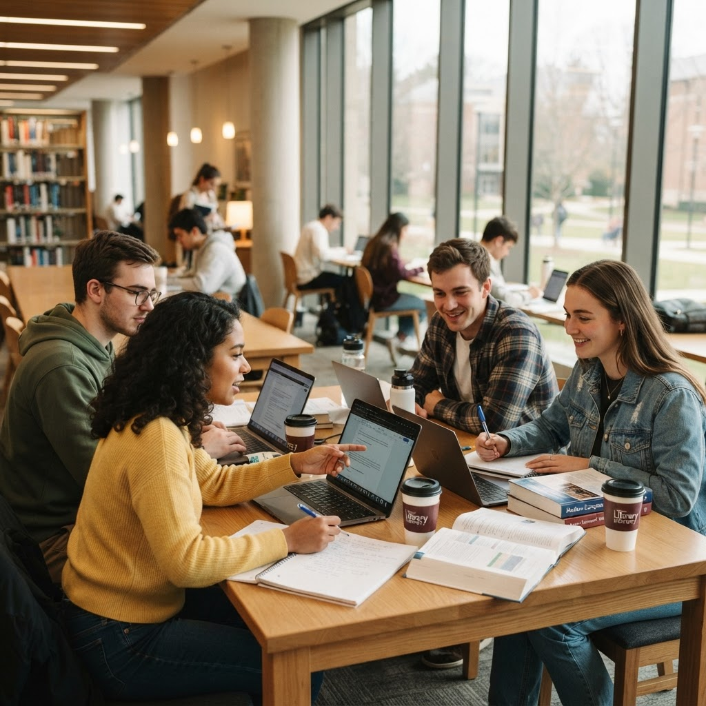 Studenti universitari che studiano insieme in biblioteca